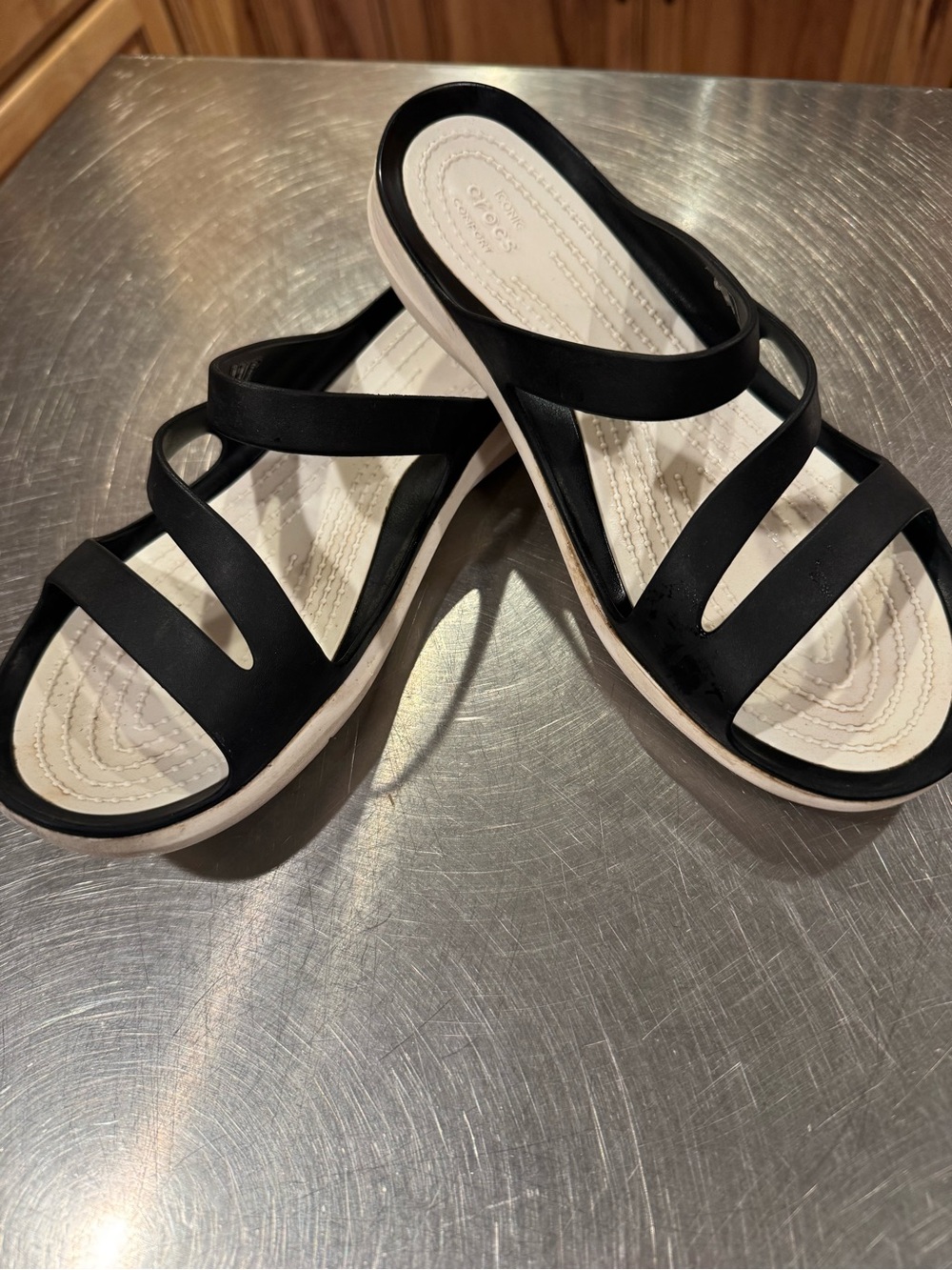 CROCS Black Strappy Slide Sandals with White Footbed